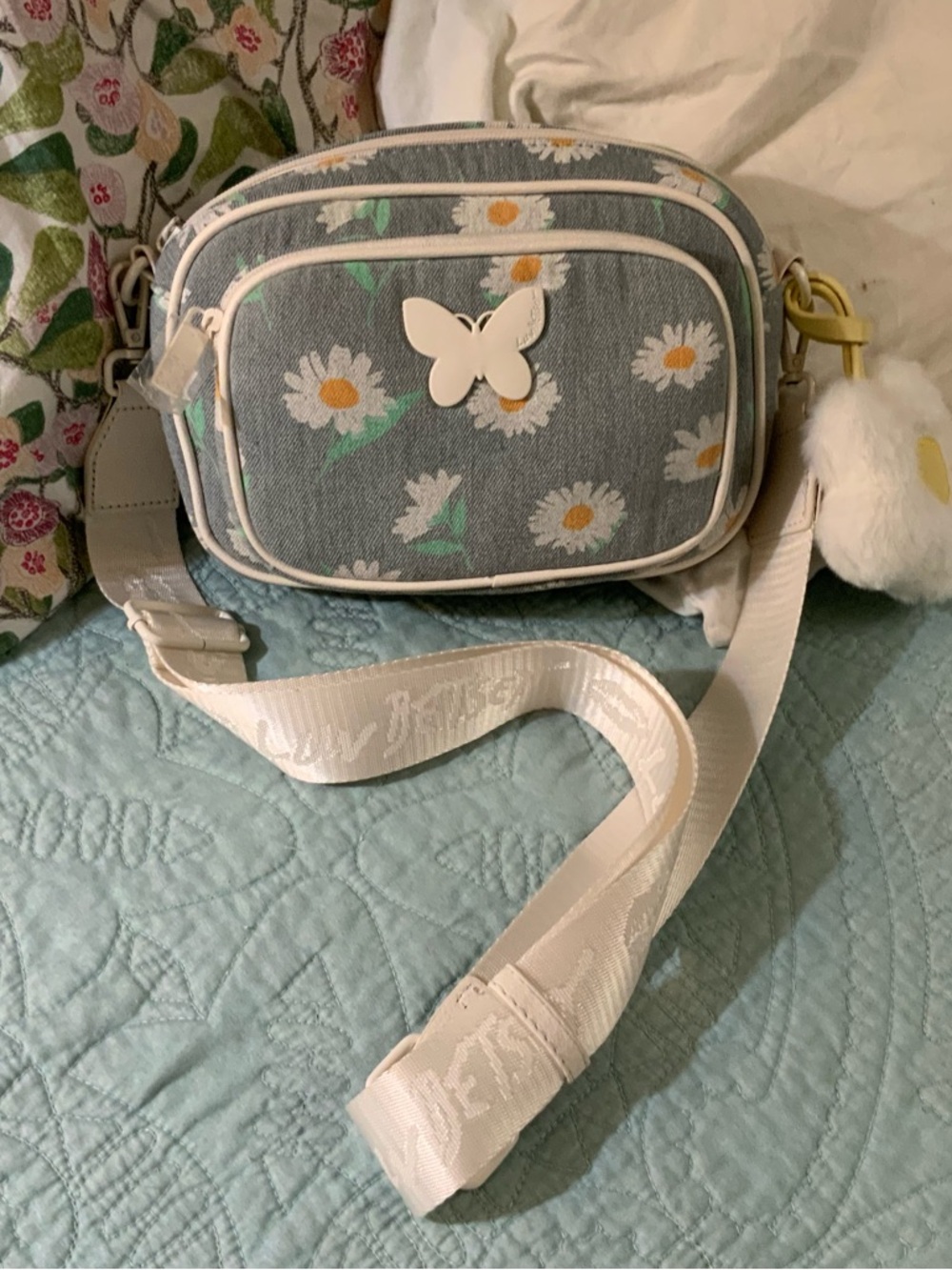 Betsey Johnson Gray Daisy Crossbody Bag with White Butterfly Accent